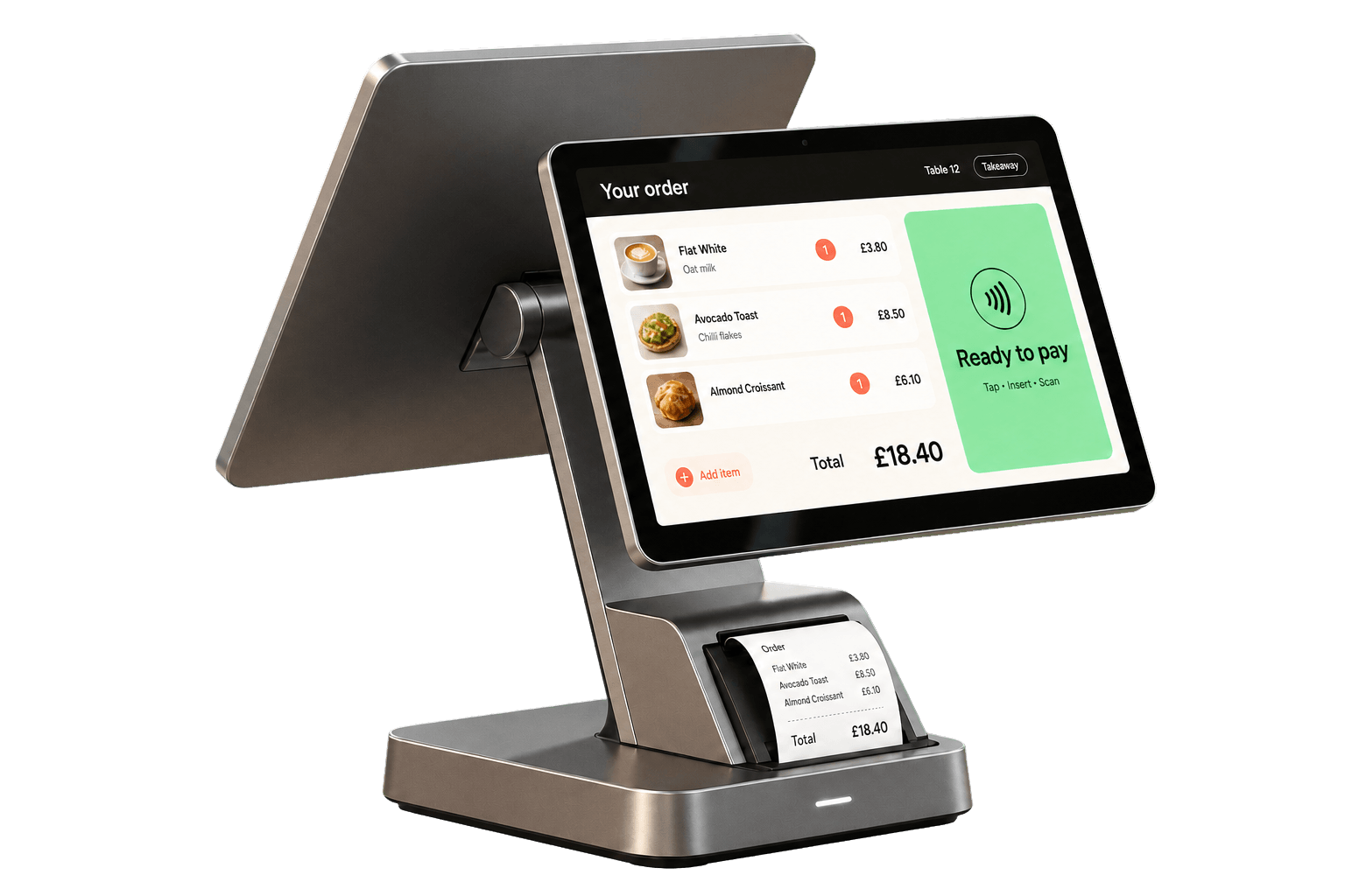 Ordeer dual-screen EPOS with a customer-facing display showing an order total ready to pay