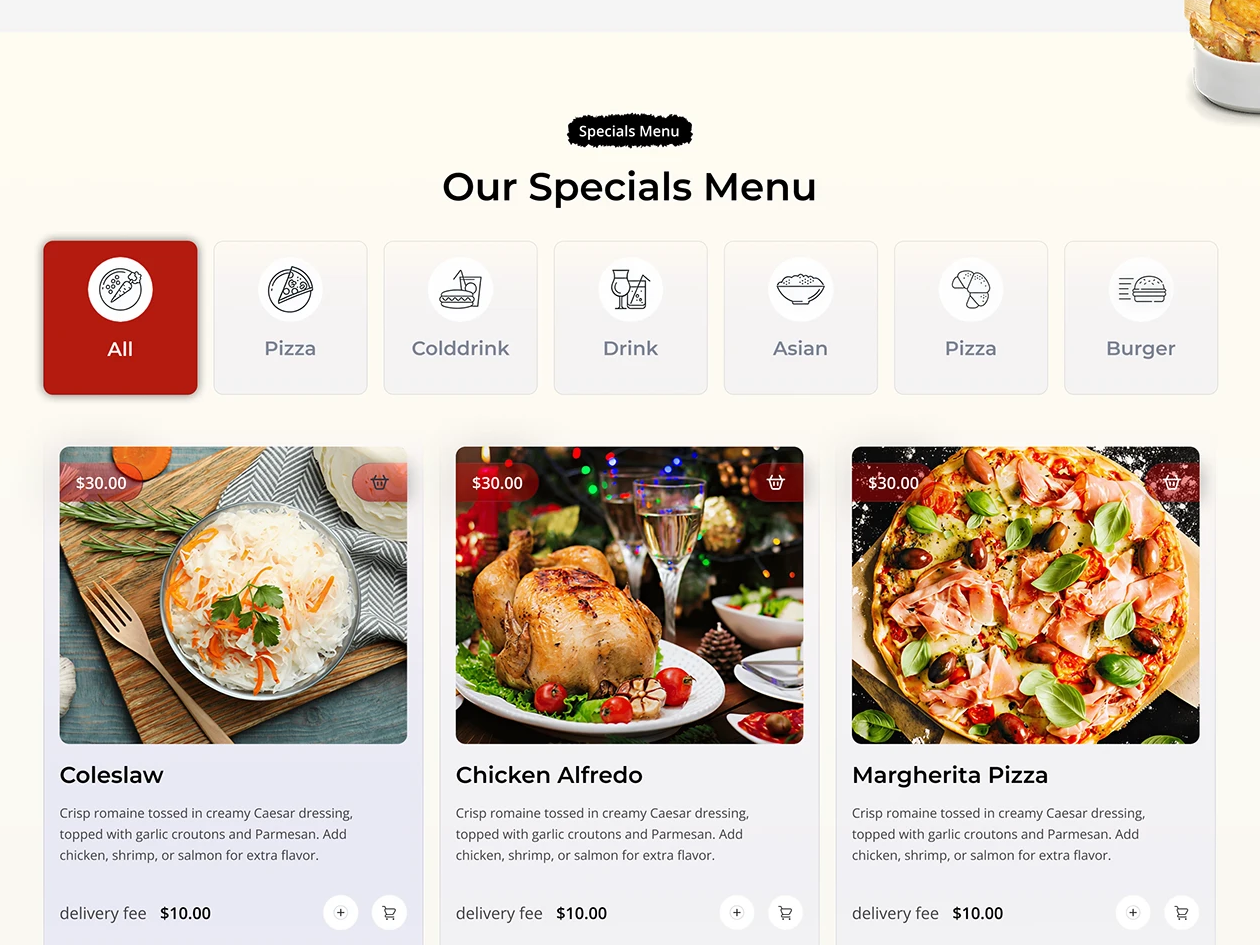 Online ordering page showing a specials menu, food categories and product cards.