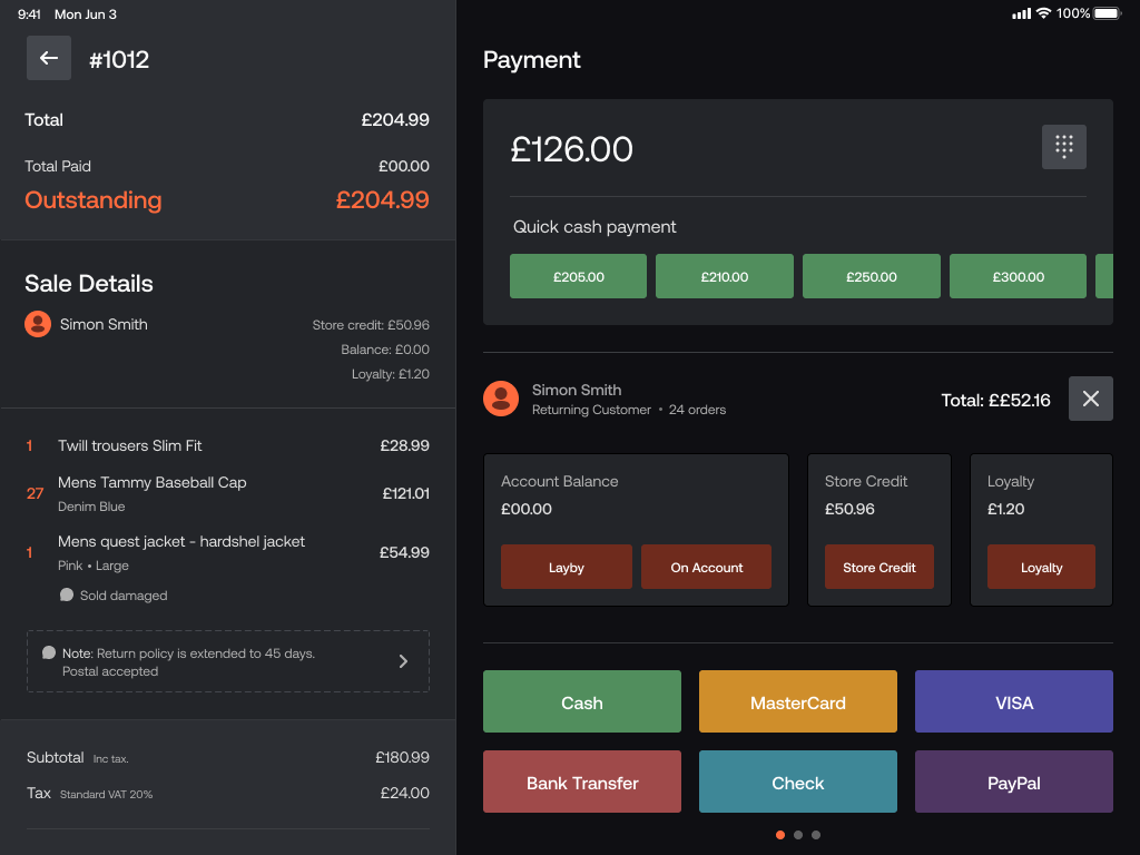 Ordeer Payment showing sale details, quick cash options, customer balances and payment methods.